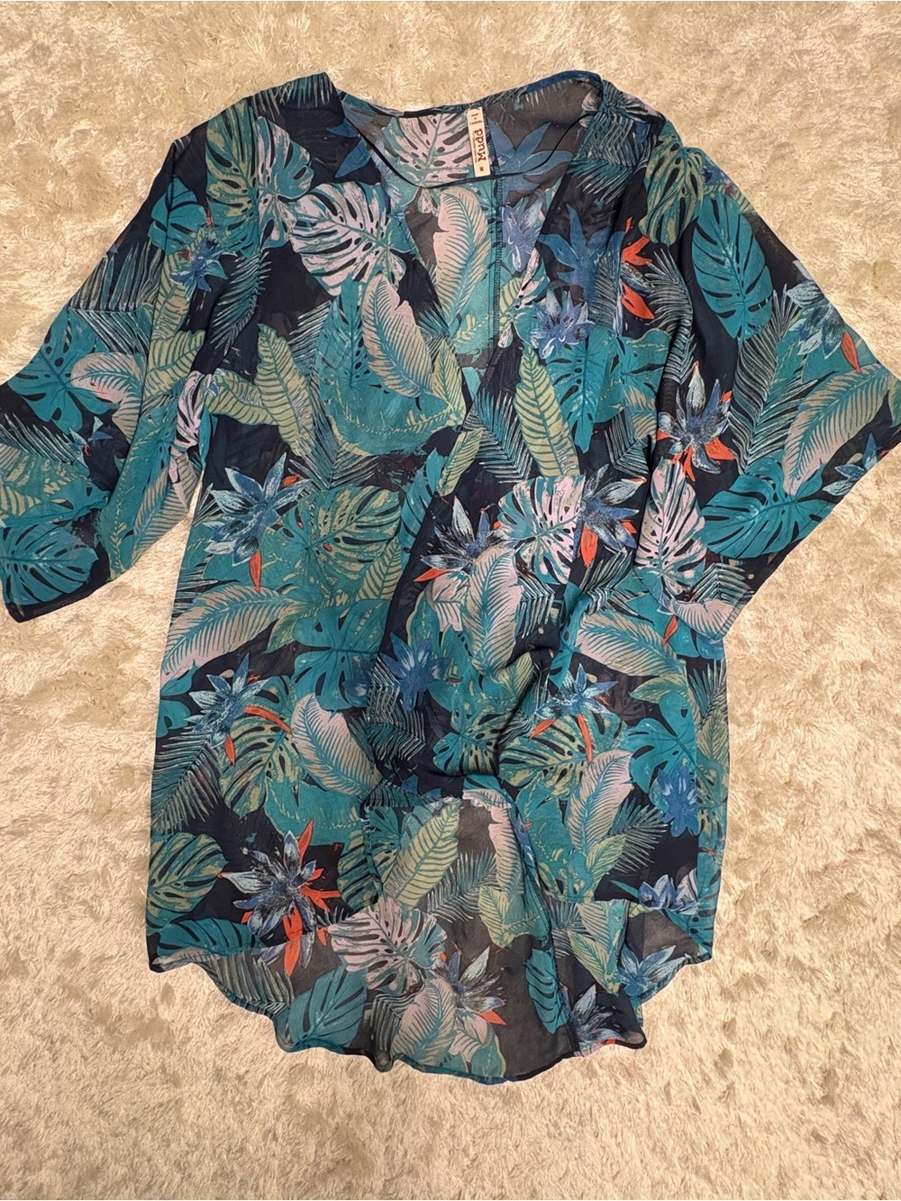 Mudd Women’s/ Juniors Teal Blue Tropical Floral Leaf Print Kimono